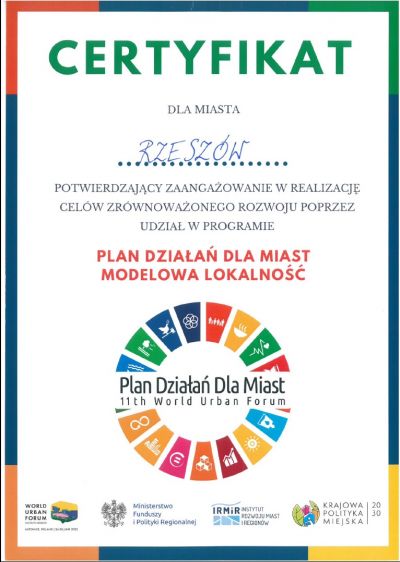 Cetryfikat "Plan Działań dla Miast. Modelowa lokalność"